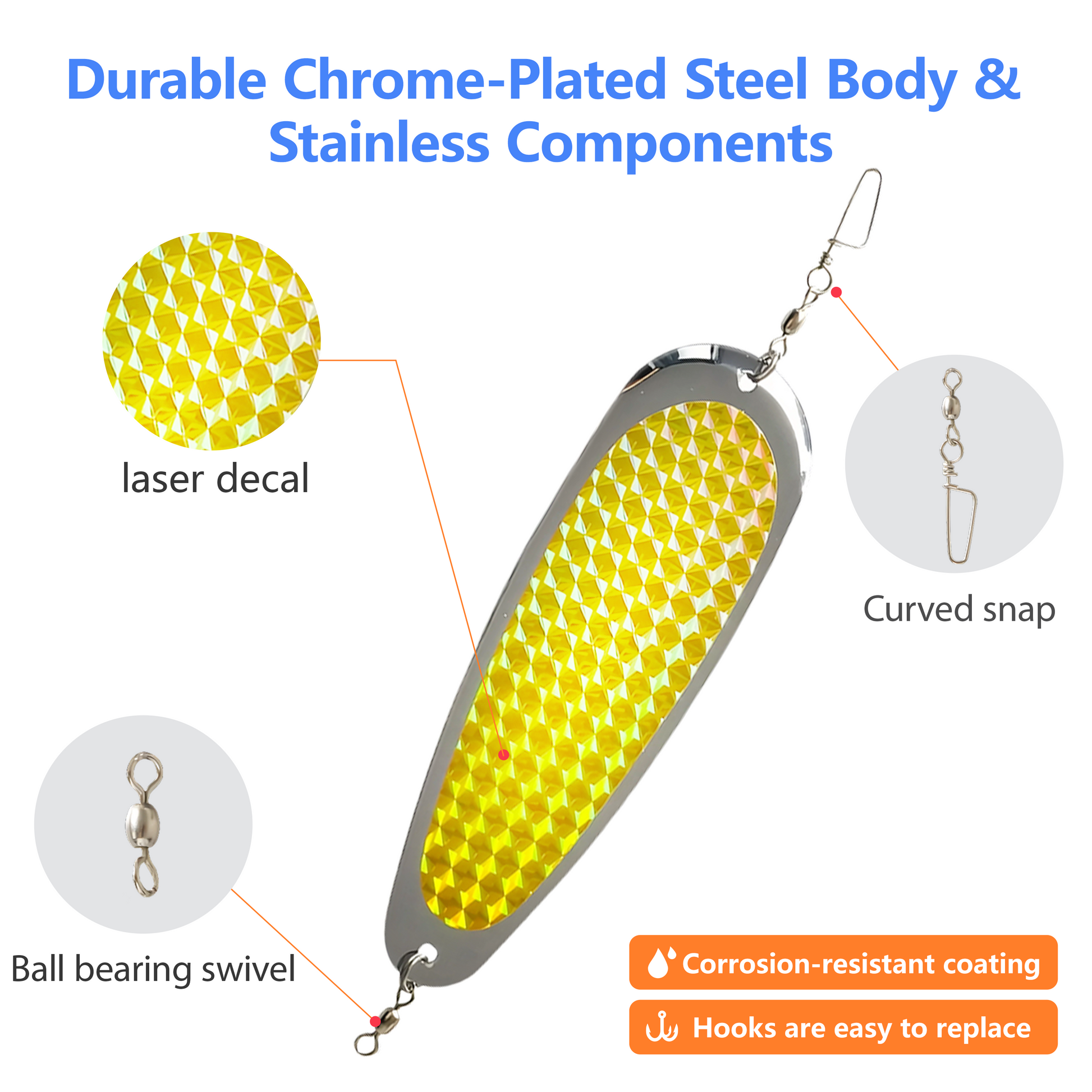 5.5" - Chrome Flash Fishing Lure with Laser Reflective Decals for Salmon, Trout, Bass